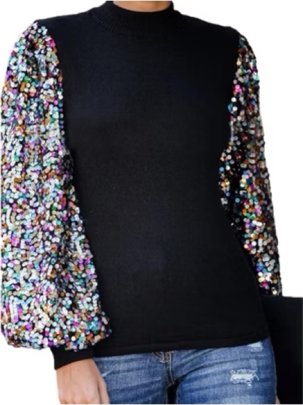 Black sequin puff sleeve Sweater
